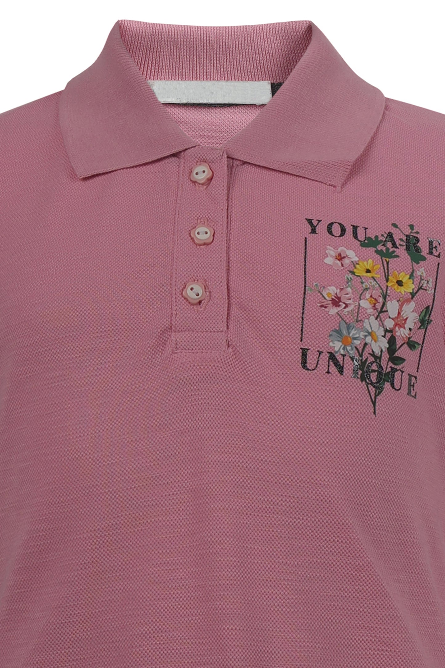 Pampolina Girls  Sequined Printed Pique Kint Collar T-Shirt - Pink