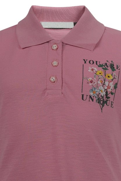 Pampolina Girls  Sequined Printed Pique Kint Collar T-Shirt - Pink