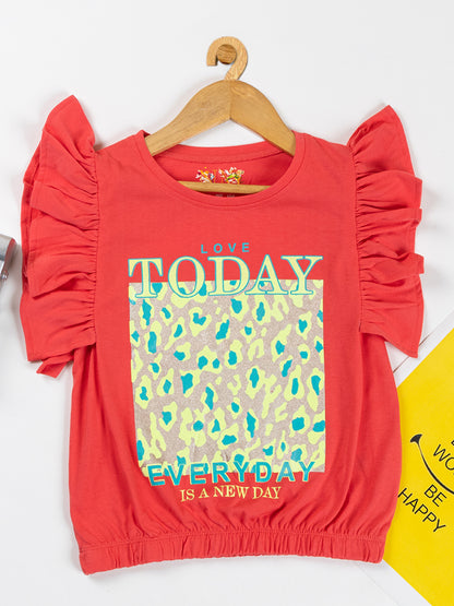 Pampolina Girls Printed Top With Puff Sleeve  & Waist Elastic-Coral