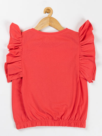 Pampolina Girls Printed Top With Puff Sleeve  & Waist Elastic-Coral