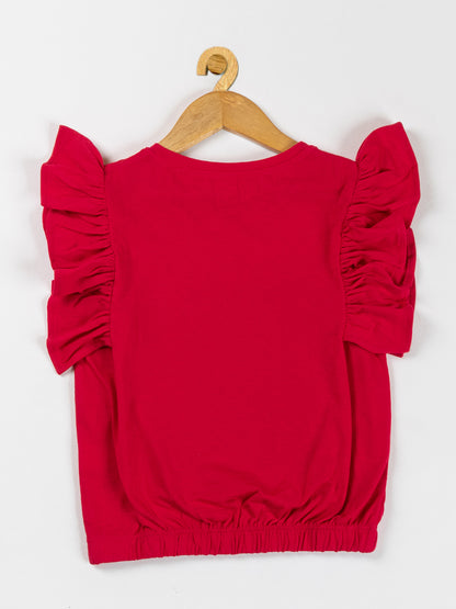 Pampolina Girls Printed Top With Puff Sleeve  & Waist Elastic-Magenta