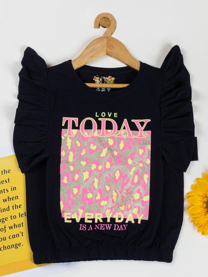 Pampolina Girls Printed Top With Puff Sleeve  & Waist Elastic-Navy