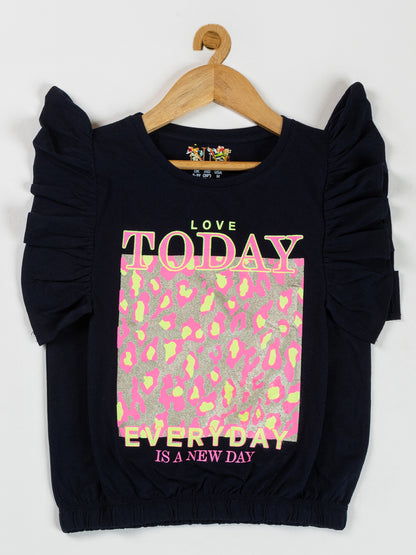 Pampolina Girls Printed Top With Puff Sleeve  & Waist Elastic-Navy