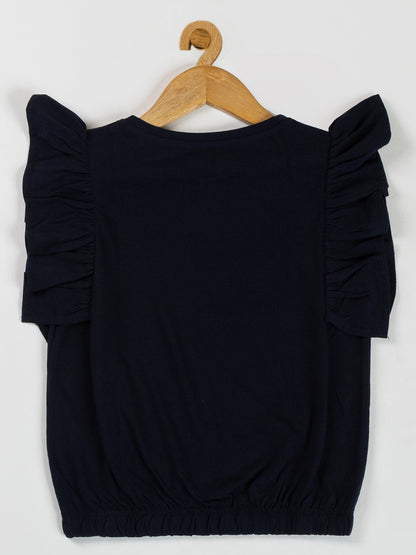 Pampolina Girls Printed Top With Puff Sleeve  & Waist Elastic-Navy
