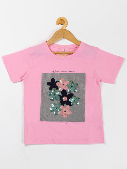 Pampolina  Girls Sequin Floral Printed Top-Pink