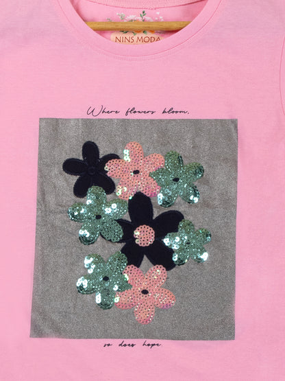 Pampolina  Girls Sequin Floral Printed Top-Pink