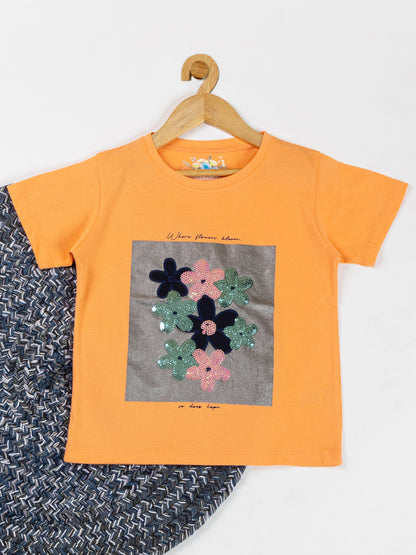 Pampolina  Girls Sequin Floral Printed Top-Orange