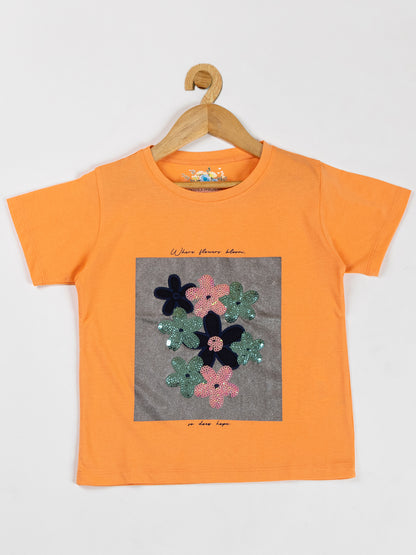 Pampolina  Girls Sequin Floral Printed Top-Orange