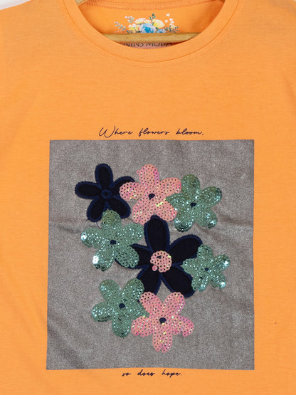 Pampolina  Girls Sequin Floral Printed Top-Orange