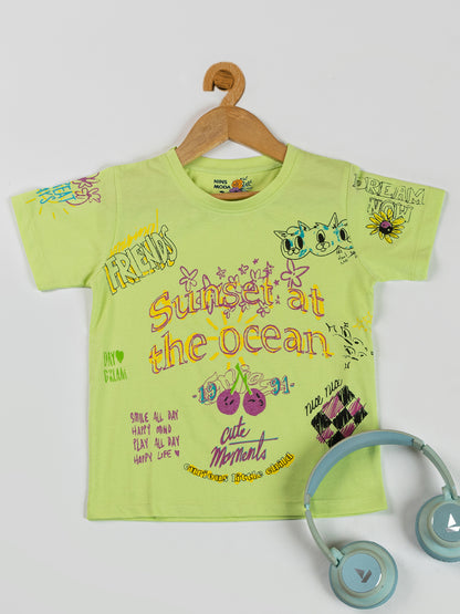 Pampolina Girls Printed Half Sleeve Top- F.Green