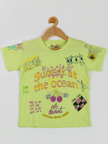 Pampolina Girls Printed Half Sleeve Top- F.Green