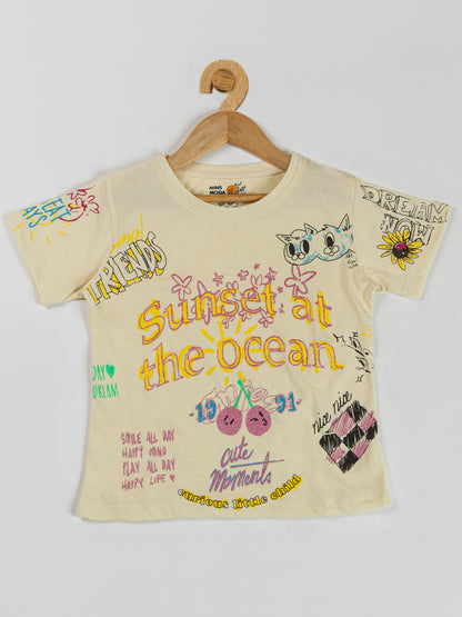 Pampolina  Girls Printed Half Sleeve Top- OffWhite