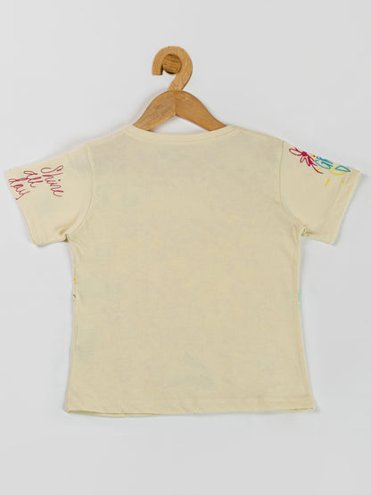 Pampolina  Girls Printed Half Sleeve Top- OffWhite
