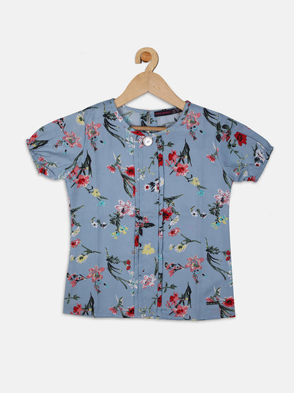 Nins Moda Girls Floral Printed Top-Sky