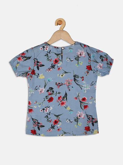 Nins Moda Girls Floral Printed Top-Sky