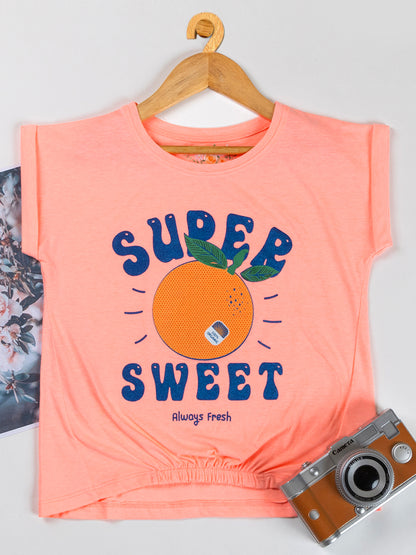 Pampolina Girls Printed & Short Sleeve Crop Top-F.Orange