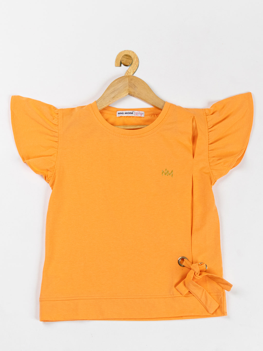 Pampolina Girls Solid Puff Sleeve With Side Belt-Orange