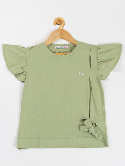 Pampolina  Girls Solid Puff Sleeve With Side Belt-Pista