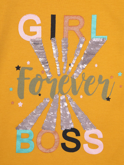 Nins Moda Girls Forever Printed Stylish Top - Mustard