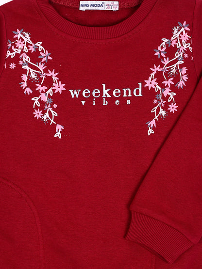 NINS MODA GIRLS FLORAL PRINTED SWEATSHIRT - MAHROON