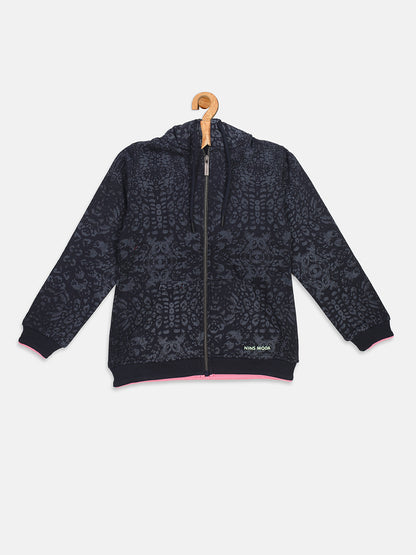 Nins Moda Girls All Over Printed Sweatshirt with Hoddie and Zip-Navy