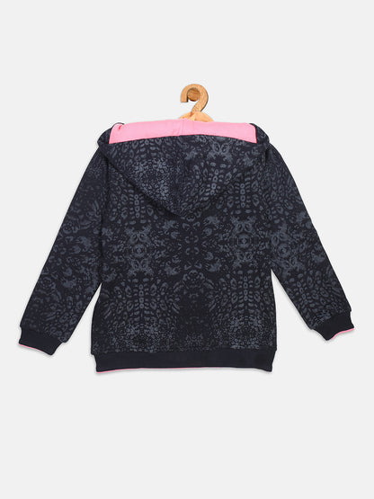 Nins Moda Girls All Over Printed Sweatshirt with Hoddie and Zip-Navy