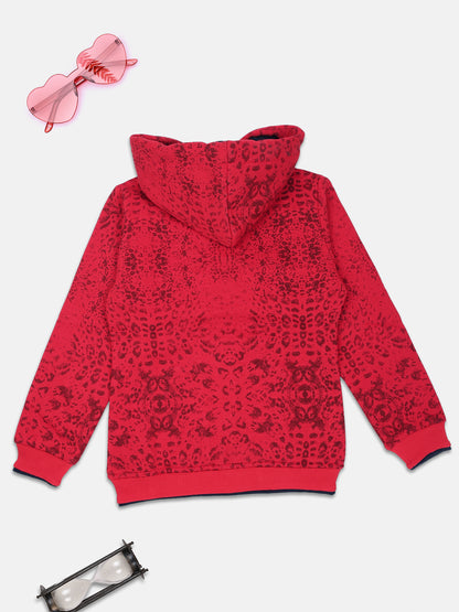 NINS MODA GIRLS ALL OVER PRINTED SWEATSHIRT WITH HODDIE AND ZIP-RED