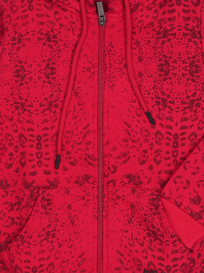NINS MODA GIRLS ALL OVER PRINTED SWEATSHIRT WITH HODDIE AND ZIP-RED