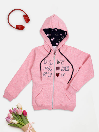 NINS MODA GIRLS FRONT PRINTED SWEATSHIRT HODDIE WITH ZIP-PINK