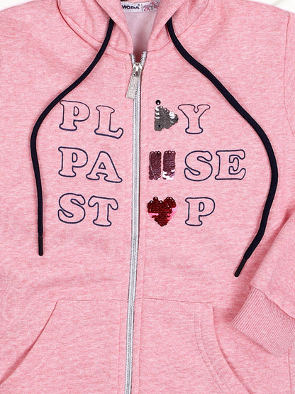 NINS MODA GIRLS FRONT PRINTED SWEATSHIRT HODDIE WITH ZIP-PINK