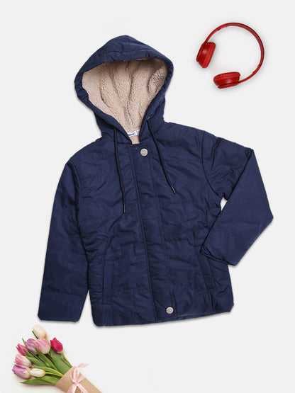 ZIAMA GIRLS SOLID FULL SELEVE WITH HODDIE & ZIPPER JACKET-NAVY