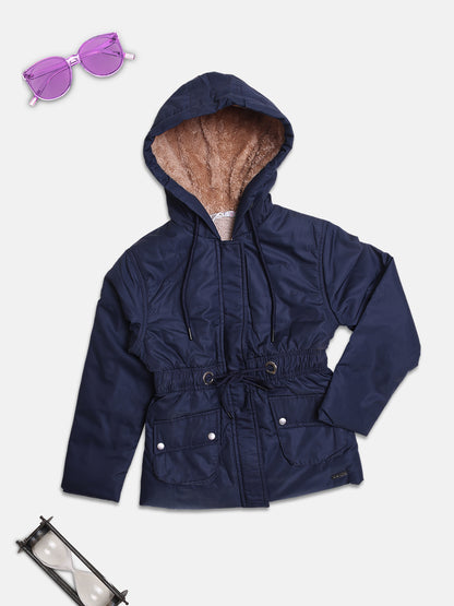 ZIAMA GIRLS SOLID FULL SELEVE WITH HODDIE & ZIPPER JACKET-NAVY