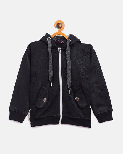 ZIAMA Girls Solid Leather Sweatshirt Hoodie with zip-BLACK