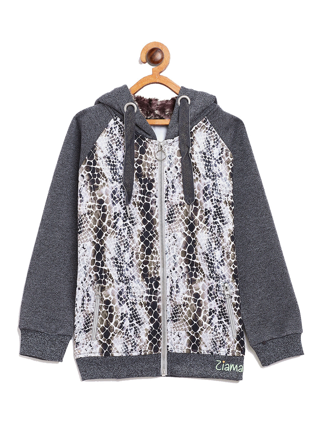 ZIAMA Girls Printed Sweatshirt Hoodie with Zip- Grey