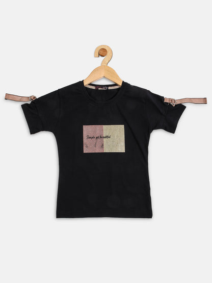 Pampolina Girls Printed Top With Shoulder Belt-Navy