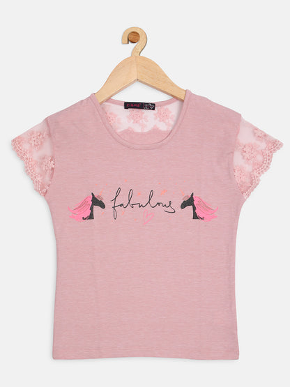 Pampolina Girls Printed Top With Net Sleeve -Peach