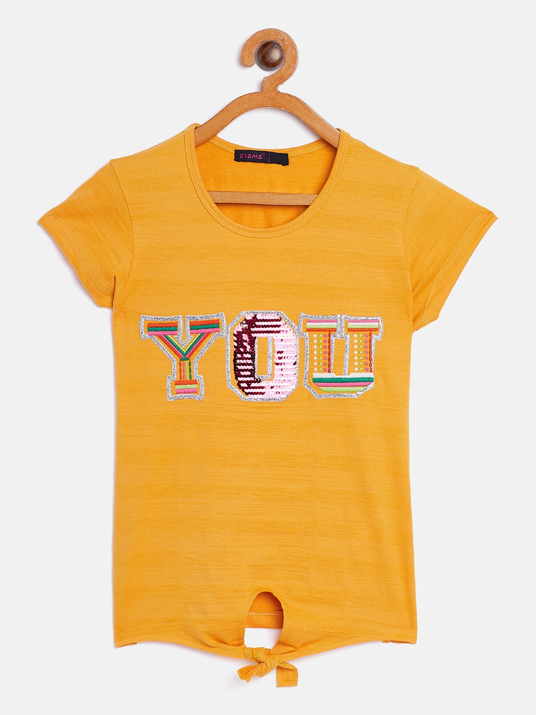 Pampolina  Girls Embellished Printed Top-Mustard