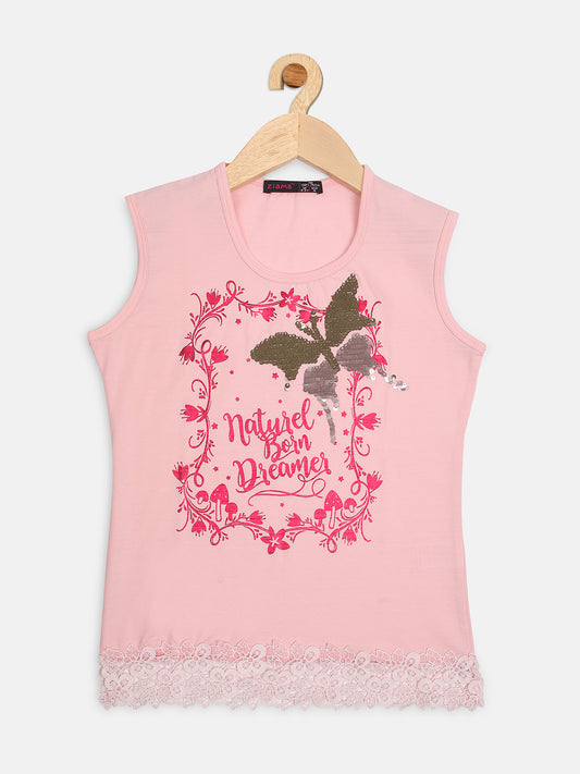 Pampolina Girls Stylish Embellished Printed Top-Pink