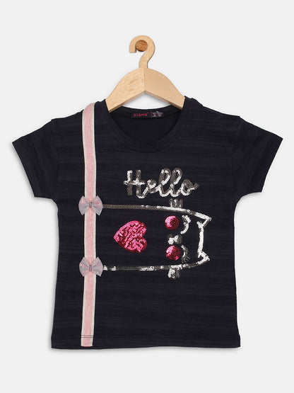 Pampolina Girls Half Sleeve Printed Top-Navy