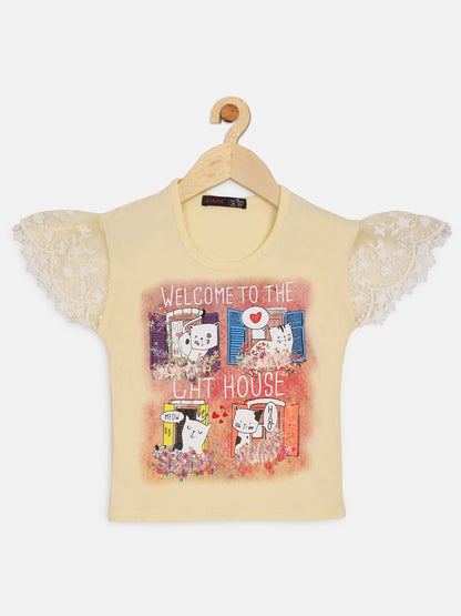 Pampolina Girls Printed Round Neck Sleeveless Top- Off-White