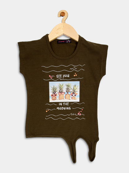 Pampolina Girls Printed  Half Sleeve Top-Olive