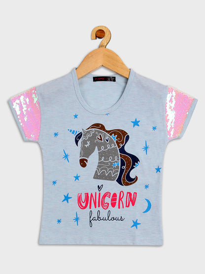 Pampolina Girls Unicorn  Printed  Half Sleeve Top-Sky