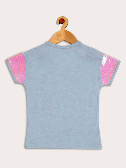 Pampolina Girls Unicorn  Printed  Half Sleeve Top-Sky