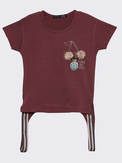 Pampolina Girls Half Sleeve Solid Top With Waist Belt-Onion Pink