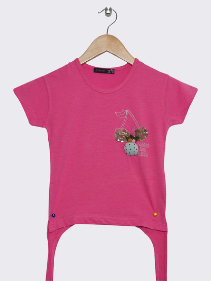 Pampolina Girls Half Sleeve Solid Top With Waist Belt-Pink