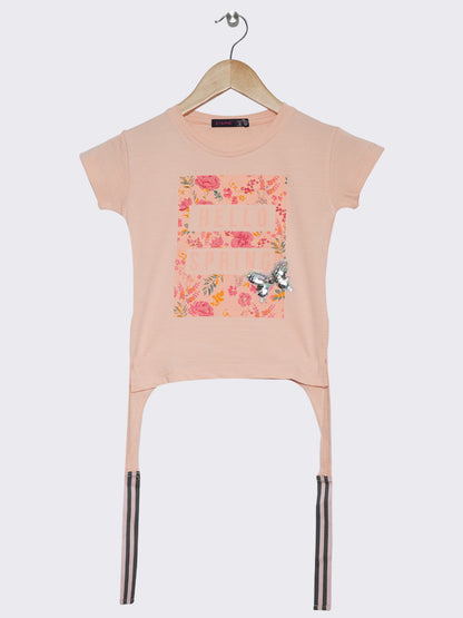 Pampolina Girls Half Sleeve Frolal Printed Top With Waist Belt-Peach