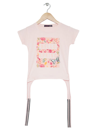 Pampolina Girls Half Sleeve Frolal Printed Top With Waist Belt-Pink