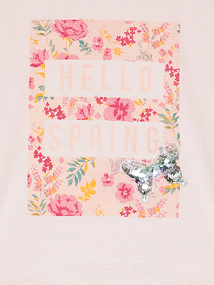 Pampolina Girls Half Sleeve Frolal Printed Top With Waist Belt-Pink
