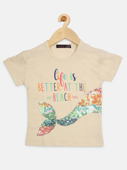 Pampolina Girls Half Sleeve Embellished Printed Top-Off White