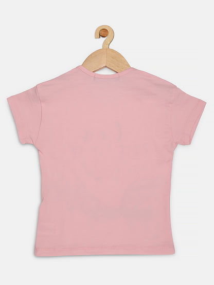 Pampolina Girls Half Sleeve Embellished Printed Top-Pink